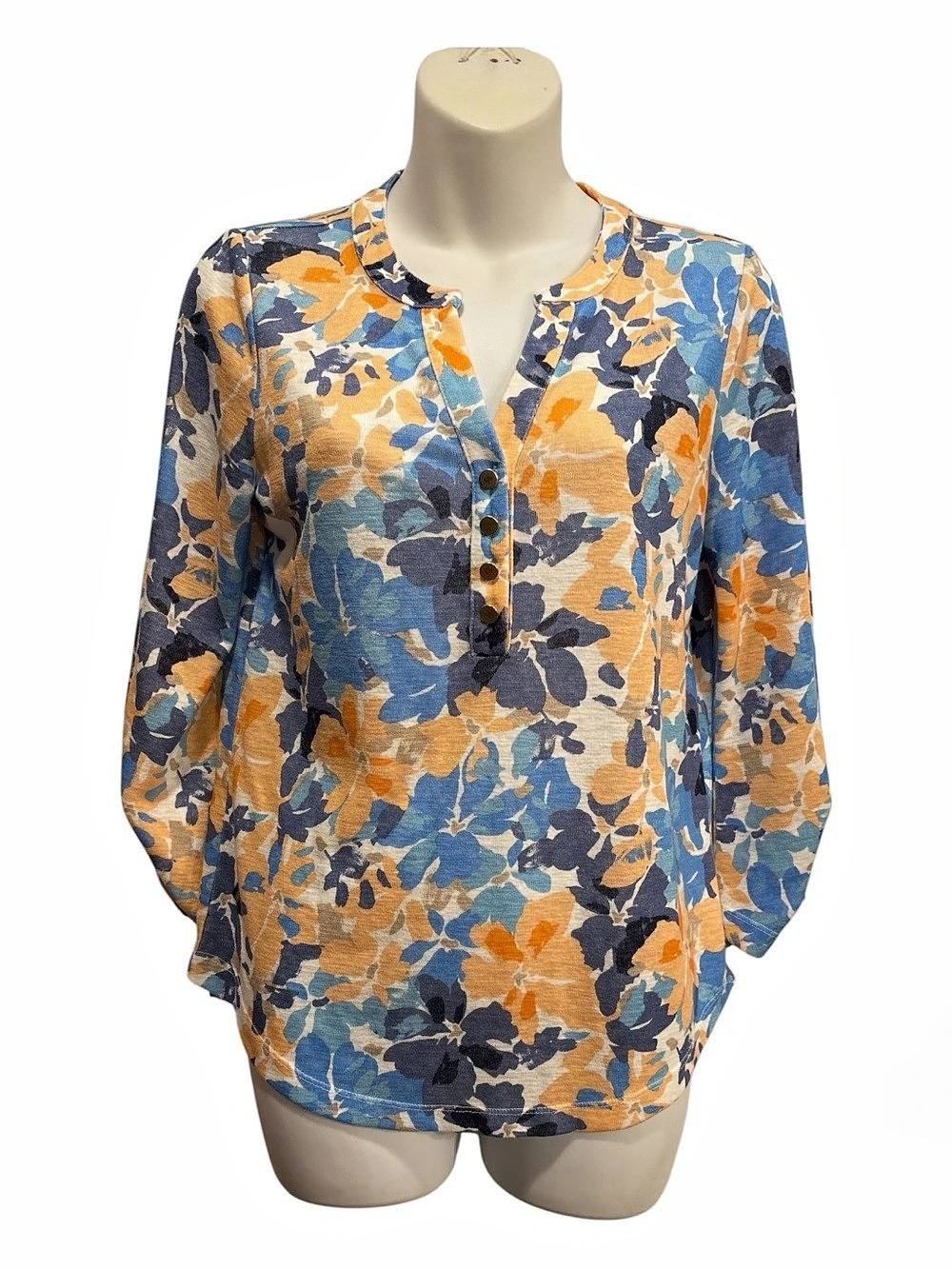 Chico's Floral Blouse in Blue & Orange Size Small